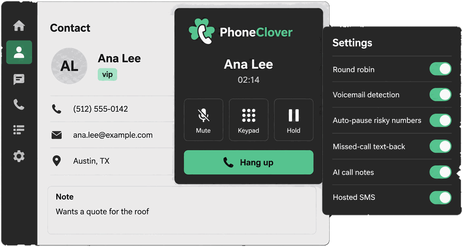 The Phone Clover phone widget in a call with Ana Lee over a HighLevel contact page, next to a settings panel with Round robin, Voicemail detection, Auto-pause risky numbers, Missed-call text-back, AI call notes and Hosted SMS all switched on.