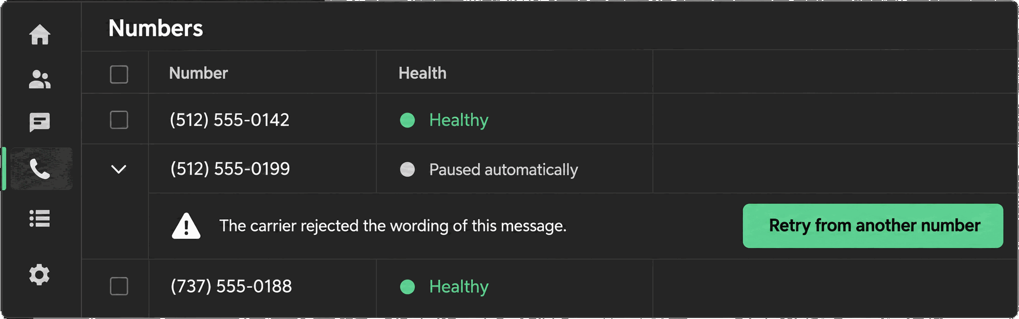 A numbers table: two numbers Healthy, one Paused automatically with the reason The carrier rejected the wording of this message, and a Retry from another number button.