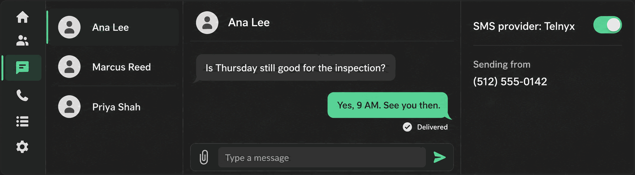 A HighLevel conversation with Ana Lee: the reply shows Delivered, and the details column shows SMS provider: Telnyx, sending from (512) 555-0142.