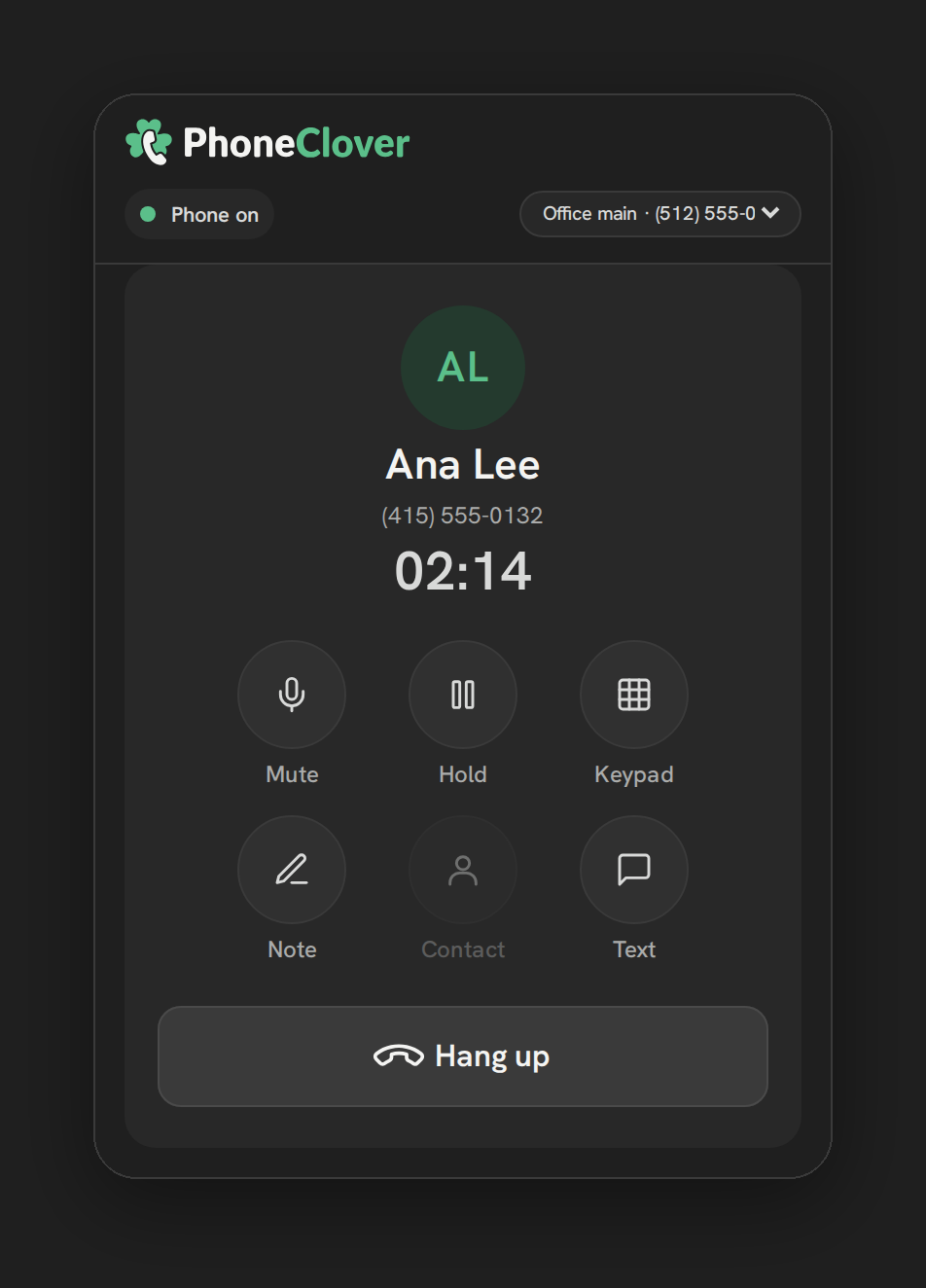 A Phone Clover call in progress with Ana Lee at 02:14, with Mute, Hold, Keypad, Note, Contact and Text buttons and a Hang up bar.