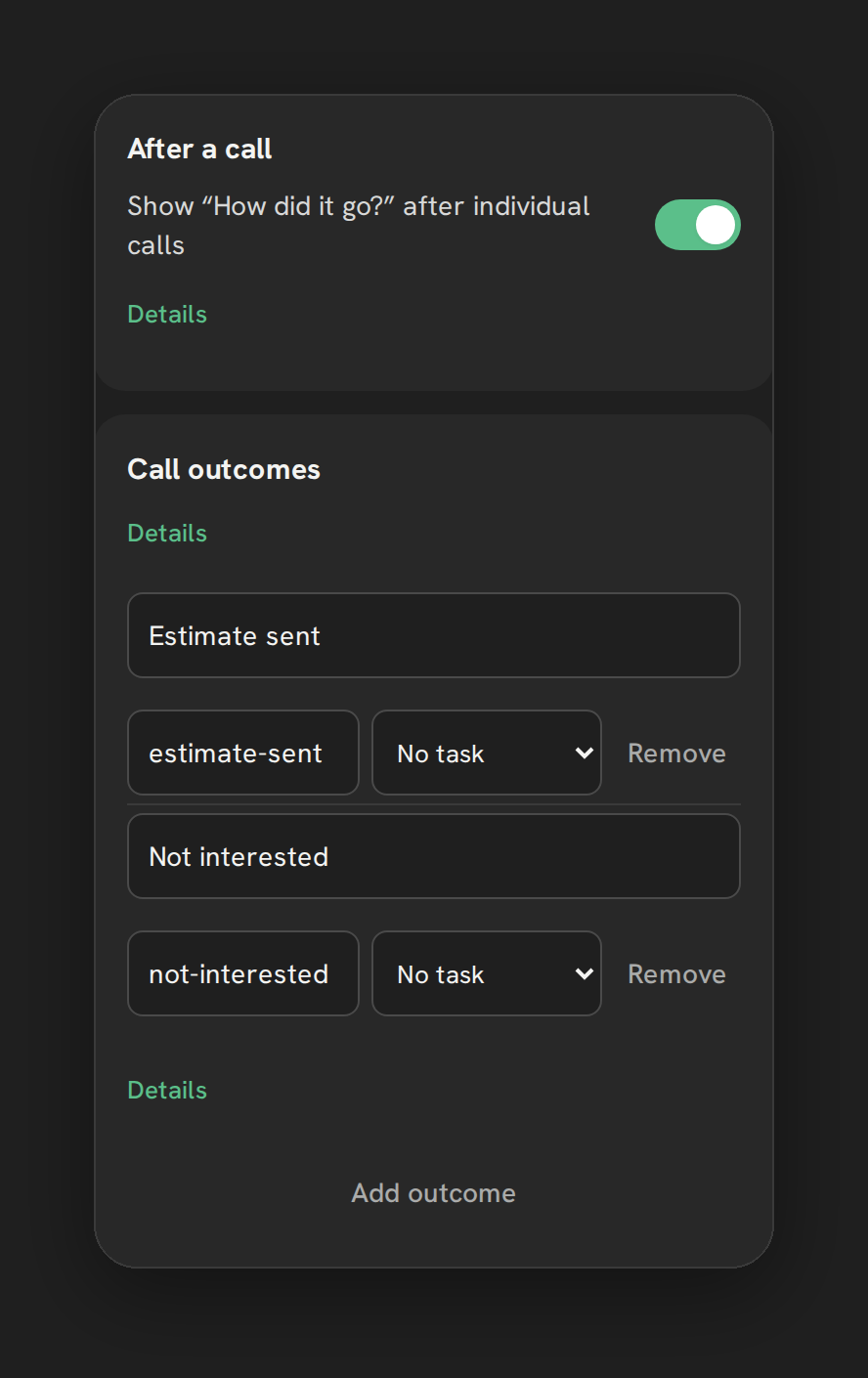 The custom outcomes editor in Phone Clover settings, showing a name, tag and follow-up task field.