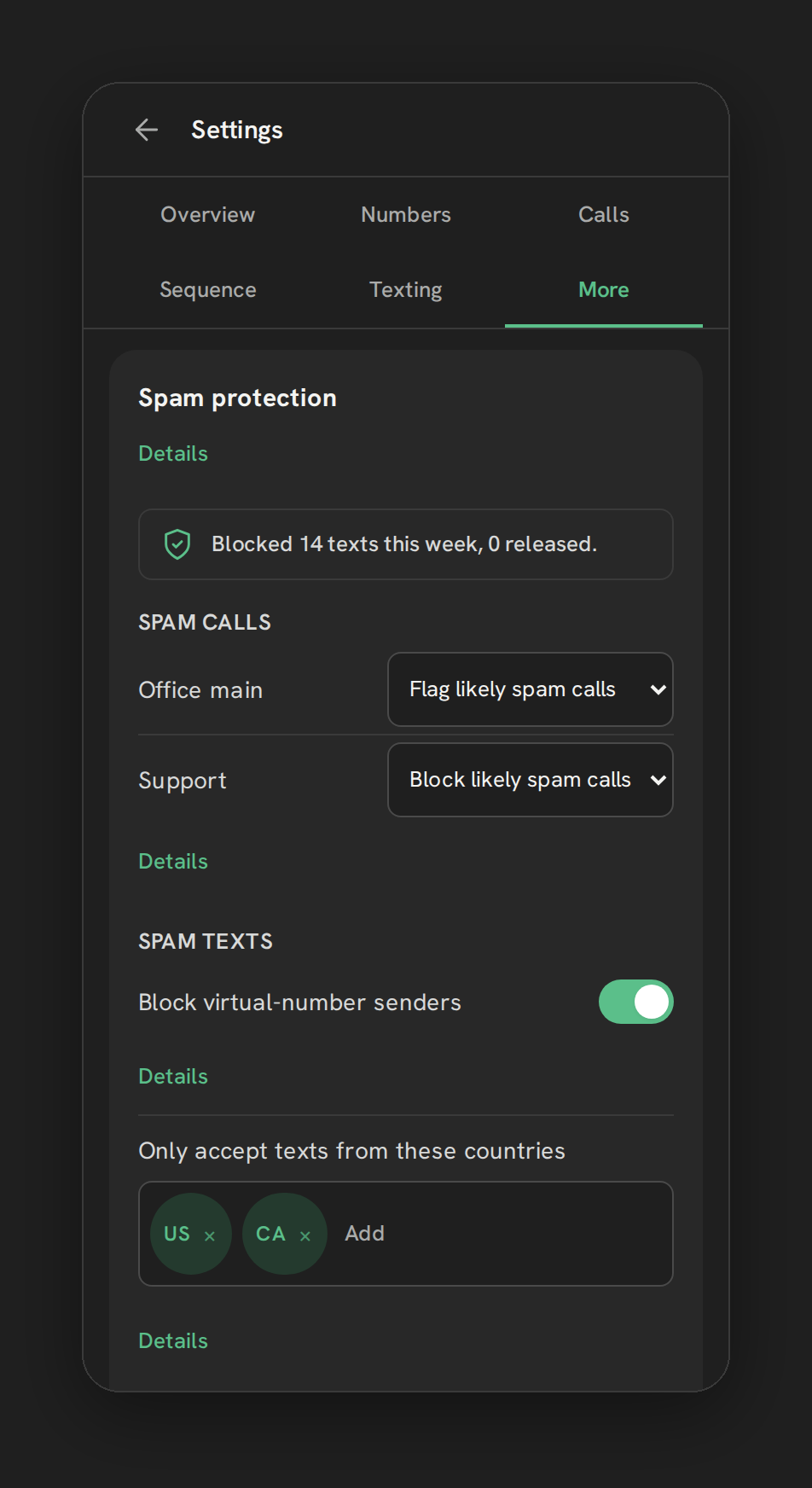 The Spam protection card in Phone Clover settings, showing the spam texts controls and quarantine list.